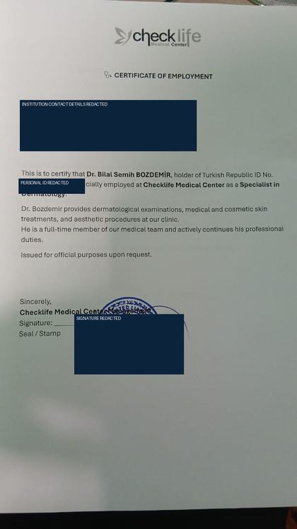 Certificate of Employment — Dermatology Role