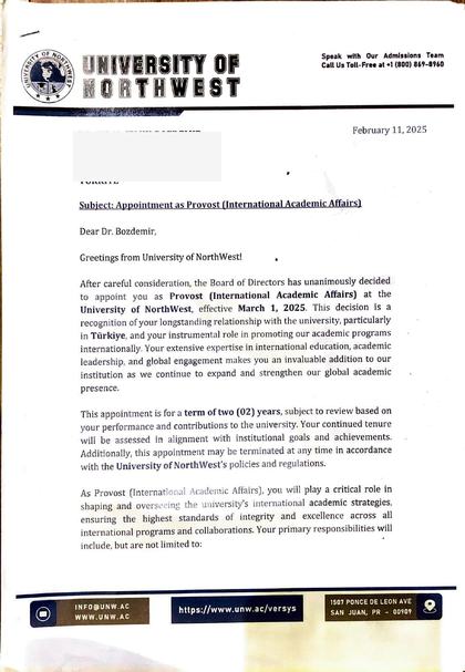 Provost (International Academic Affairs) — Appointment Letter, Page 1